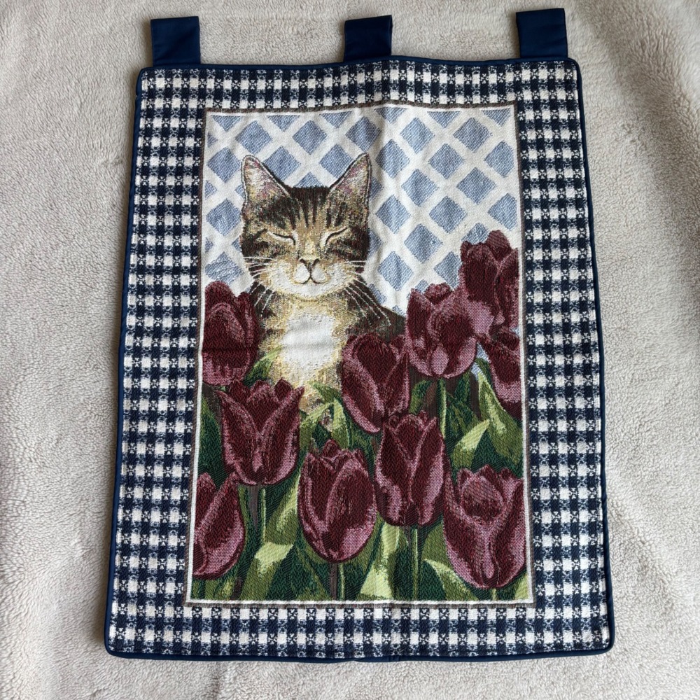 Vintage Woven Cat Tulip Tapestry Wall Hanging Blue Gingham Cottage 30x24 EUC